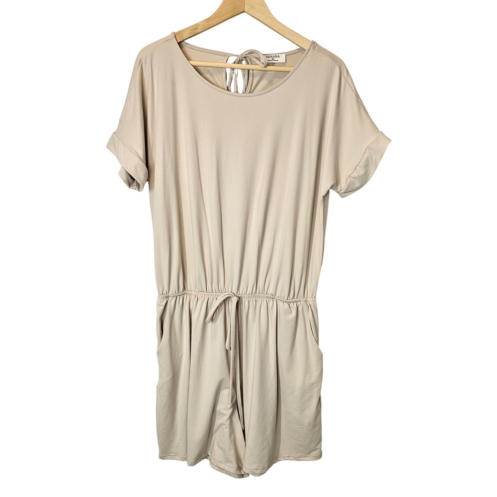 Zenana XL Sand Cream Short Sleeve Elastic waist Lounge Comfy‎ Romper Size XL